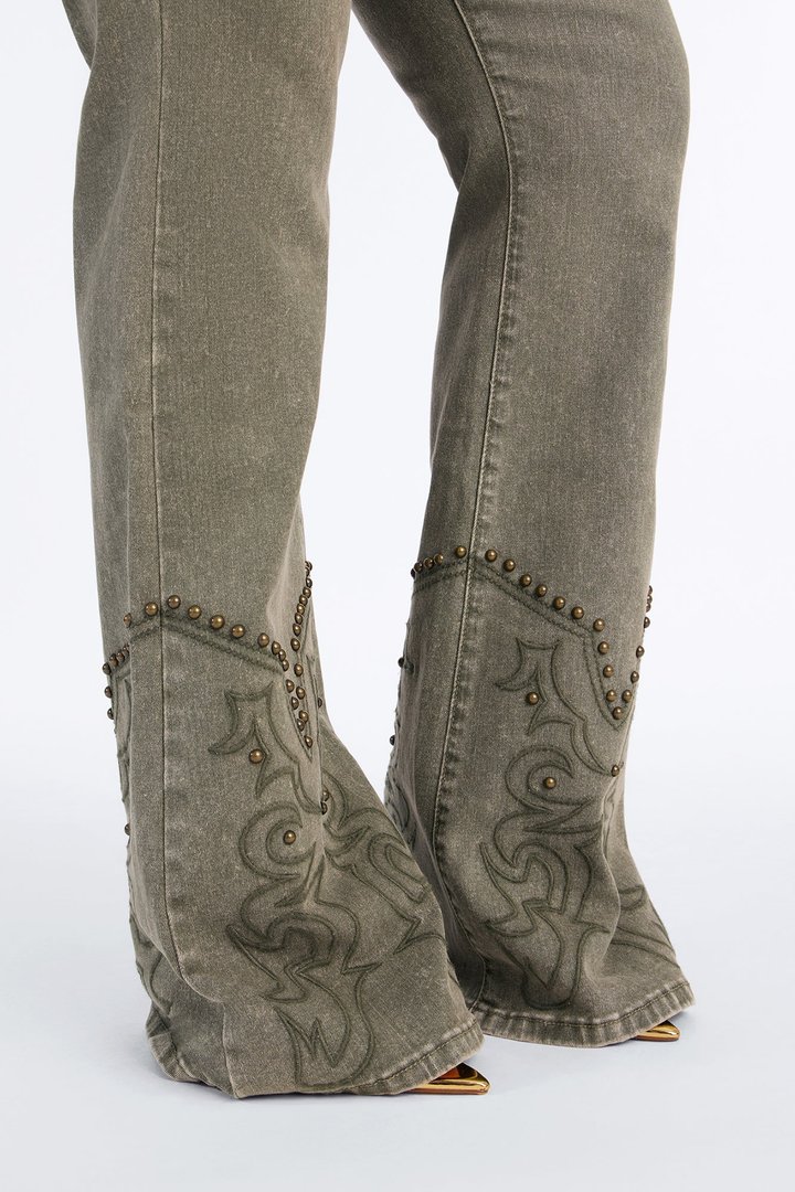 Letting It Ride Stretch Embellished Flare Jeans - Olive