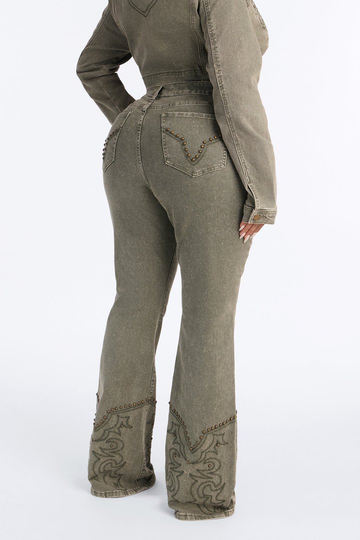Letting It Ride Stretch Embellished Flare Jeans - Olive