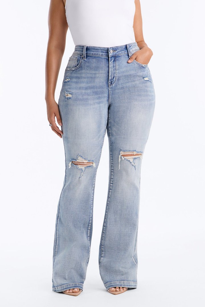 Tall Key Figure Ripped Stretch Flare Jeans - Medium Wash