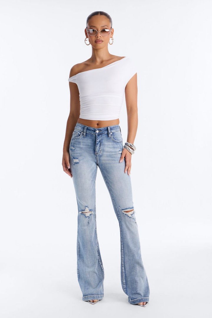 Tall Key Figure Ripped Stretch Flare Jeans - Medium Wash