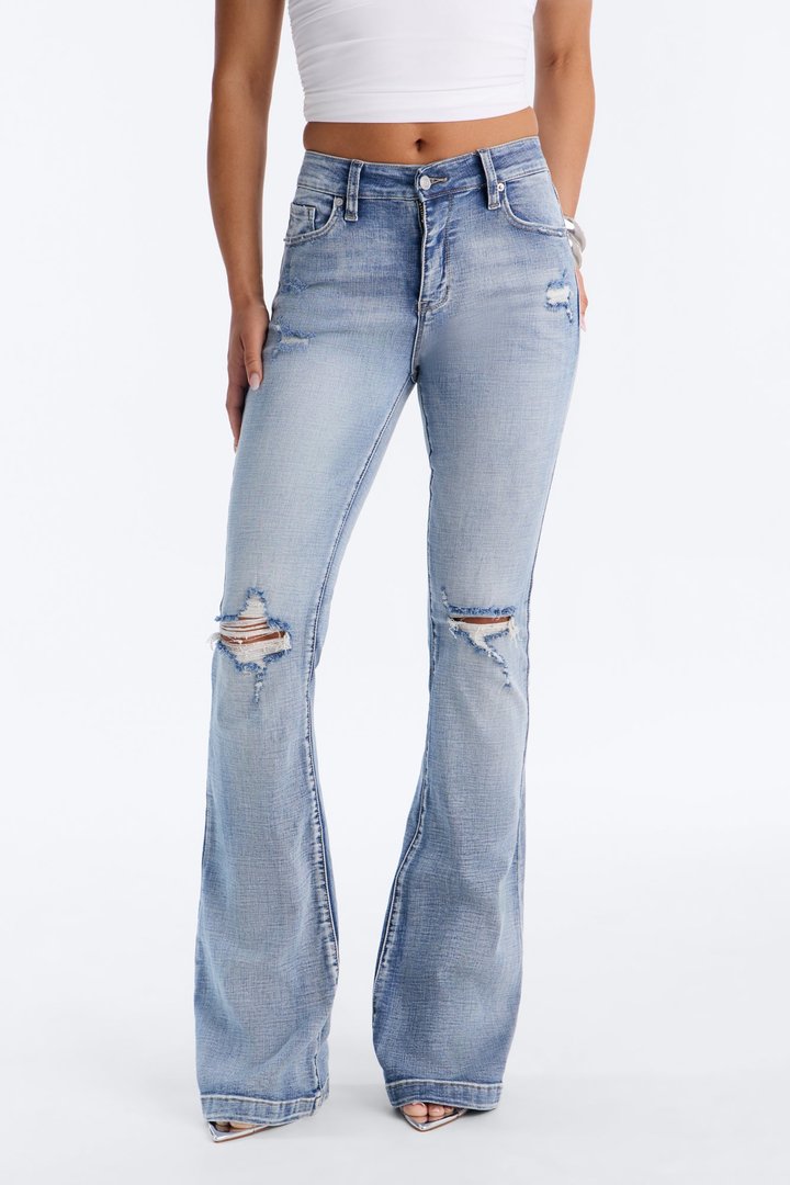 Tall Key Figure Ripped Stretch Flare Jeans - Medium Wash