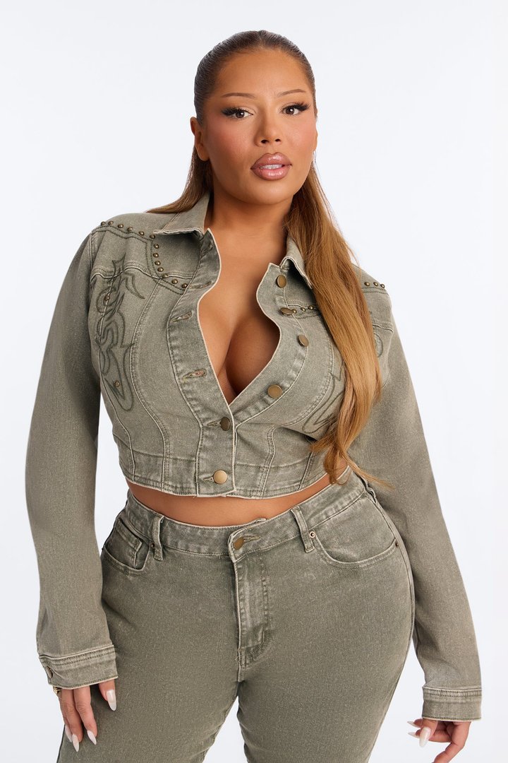 Letting It Ride Embellished Stretch Denim Jacket - Olive