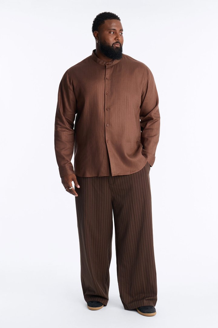 Linen Herringbone Chino Collar Button Up Shirt - LightBrown