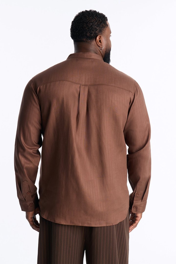 Linen Herringbone Chino Collar Button Up Shirt - LightBrown