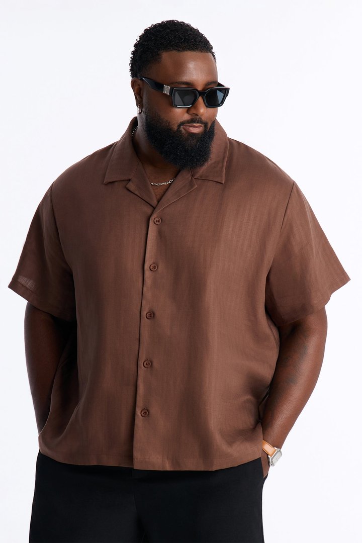 Linen Herringbone Cuban Collar Button Up Shirt - LightBrown