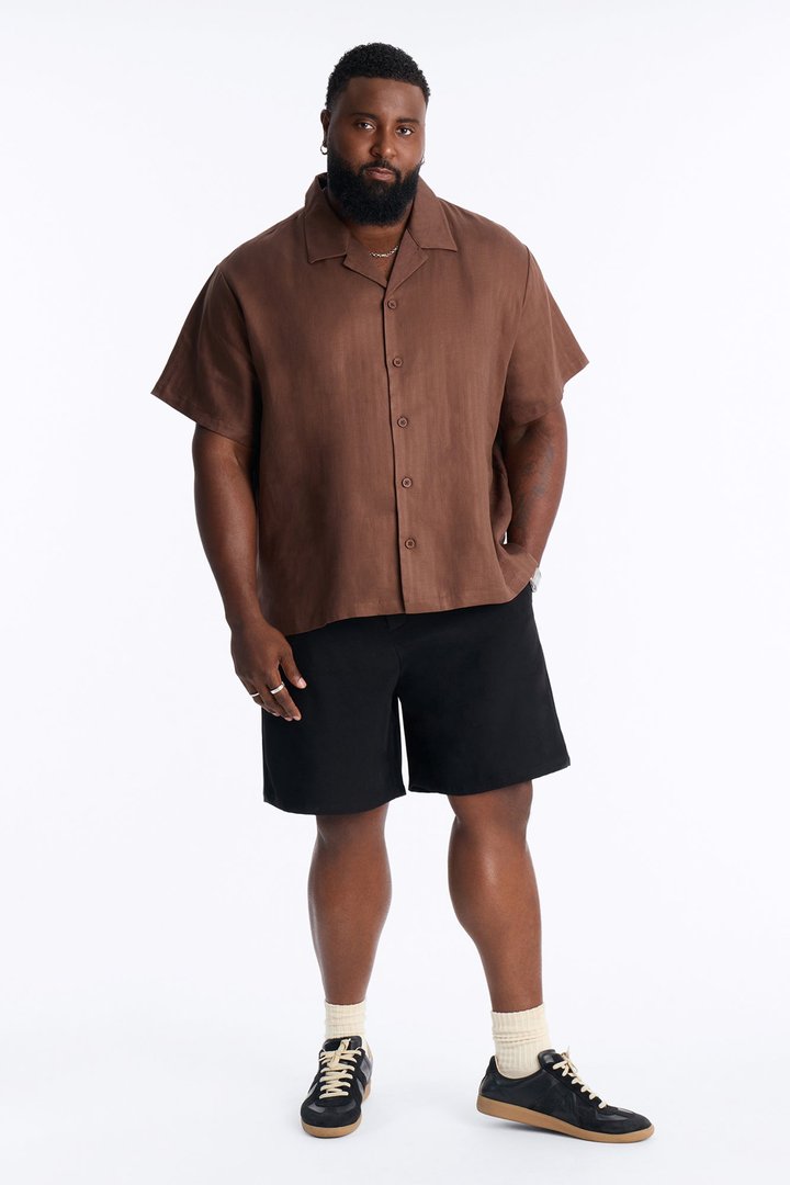 Linen Herringbone Cuban Collar Button Up Shirt - LightBrown