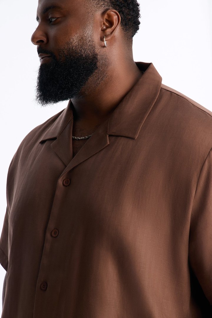 Linen Herringbone Cuban Collar Button Up Shirt - LightBrown