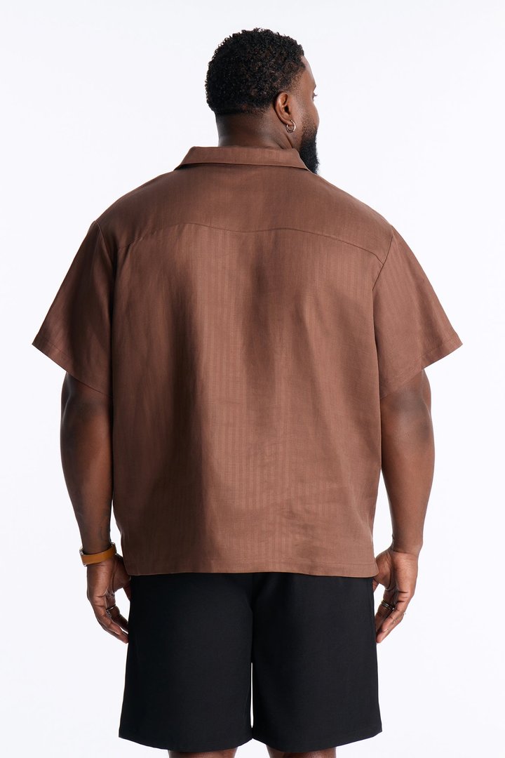 Linen Herringbone Cuban Collar Button Up Shirt - LightBrown