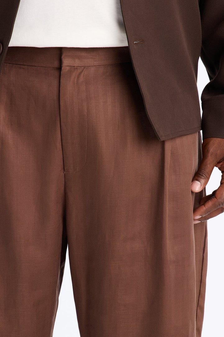 Linen Herringbone Relaxed Pant - Brown