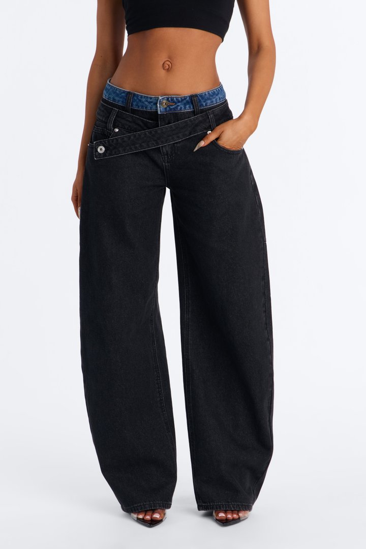 Blink Twice Two Tone Wide Leg Jeans - Black/Blue