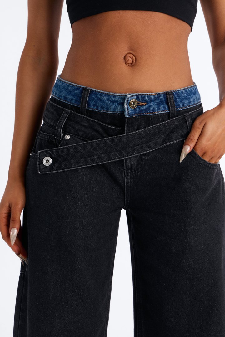 Blink Twice Two Tone Wide Leg Jeans - Black/Blue
