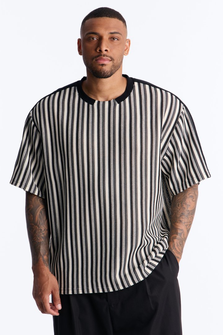 Ribbed Column Relaxed Crewneck Tee - Black/combo