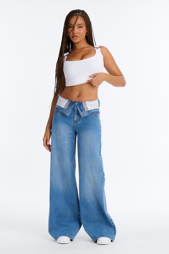 Take A Hint Foldover Wide Leg Jeans - Medium Wash