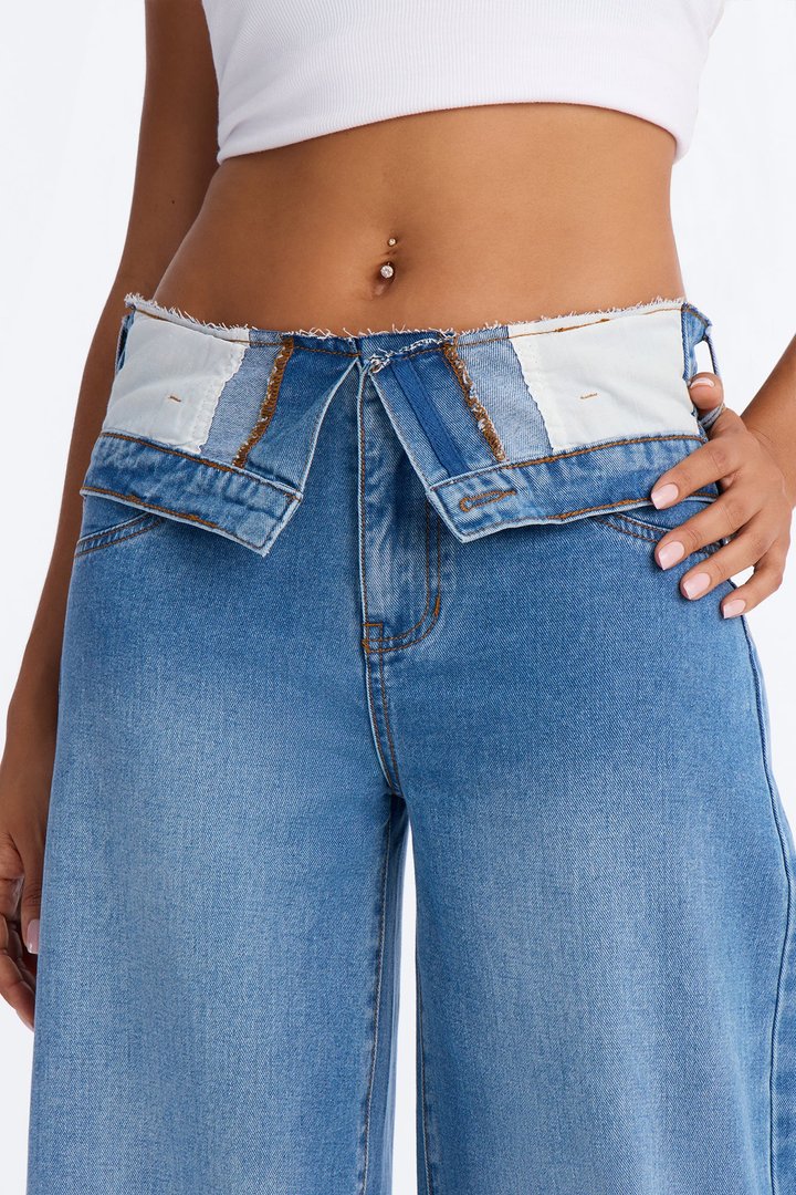 Take A Hint Foldover Wide Leg Jeans - Medium Wash