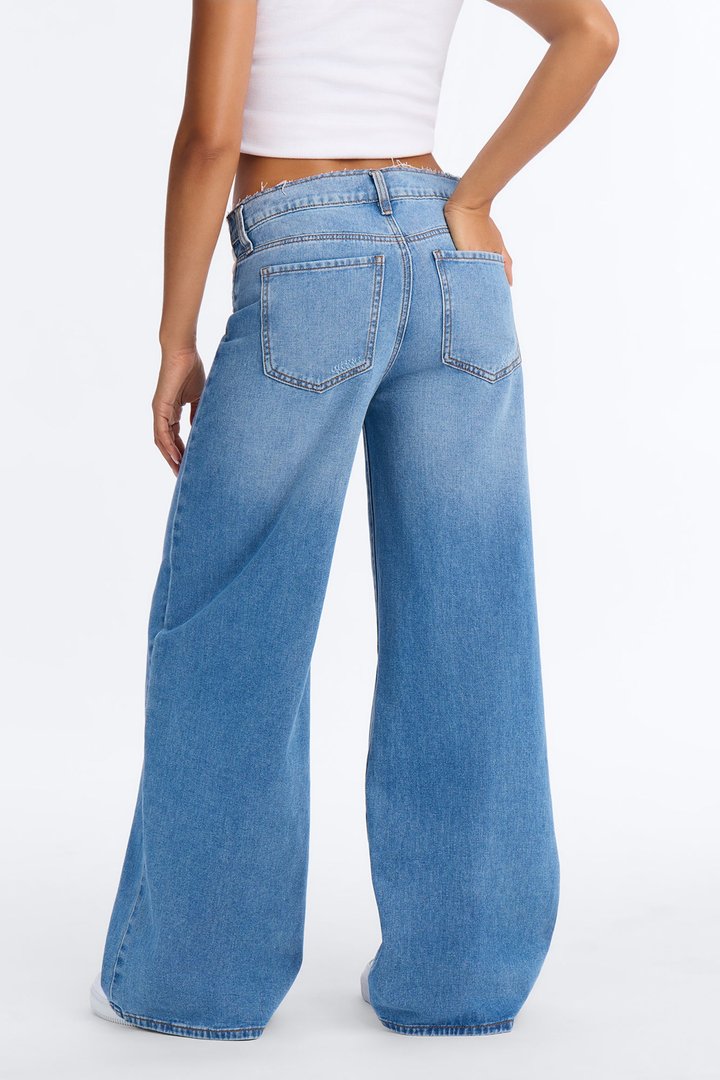 Take A Hint Foldover Wide Leg Jeans - Medium Wash