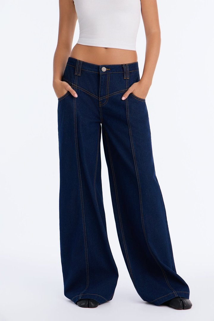 Drop A Comment Non Stretch Wide Leg Jeans - Rinse Blue Wash