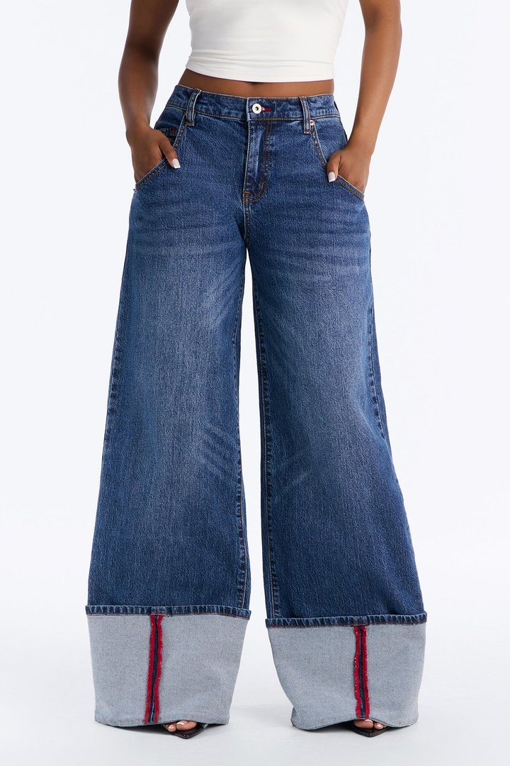 Cuffing Season Premium Turn Up Wide Leg Jeans - Dark Wash