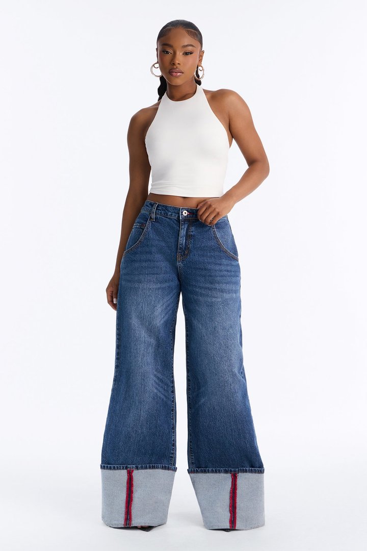 Cuffing Season Premium Turn Up Wide Leg Jeans - Dark Wash
