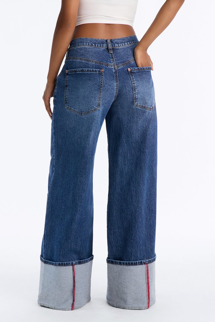 Cuffing Season Premium Turn Up Wide Leg Jeans - Dark Wash