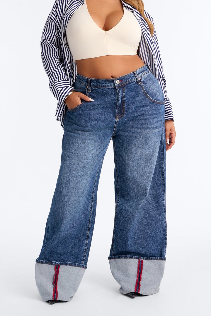 Cuffing Season Premium Turn Up Wide Leg Jeans - Dark Wash