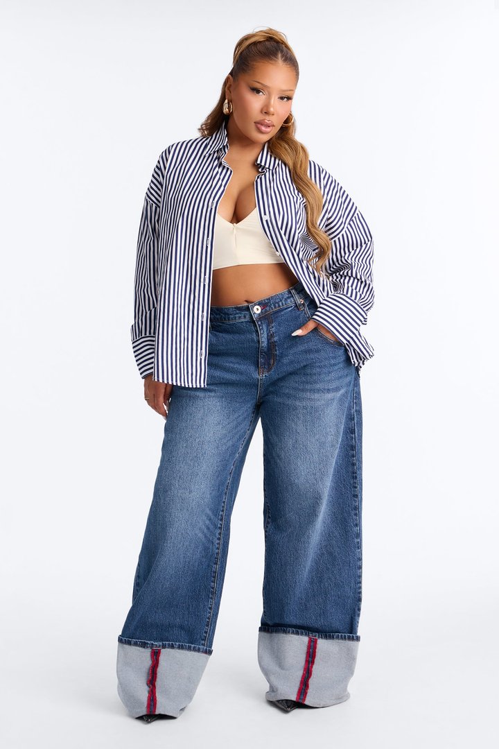 Cuffing Season Premium Turn Up Wide Leg Jeans - Dark Wash