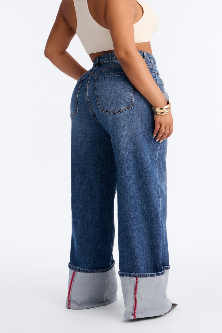 Cuffing Season Premium Turn Up Wide Leg Jeans - Dark Wash