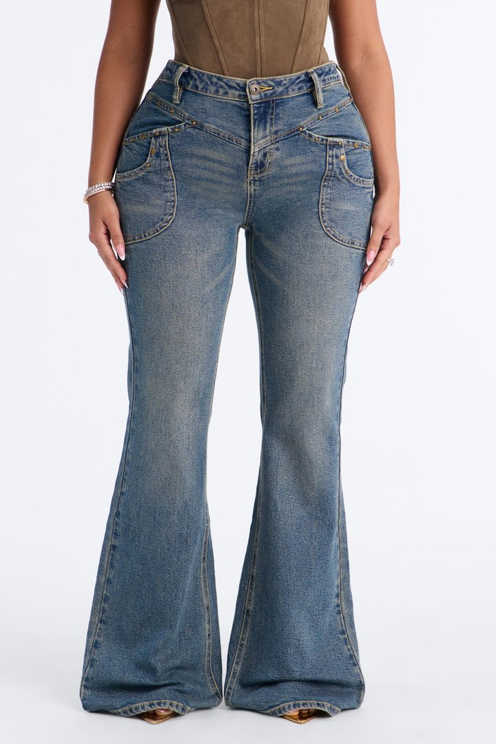 Alabama Baby Stud Embellished Flare Jeans - Medium Wash