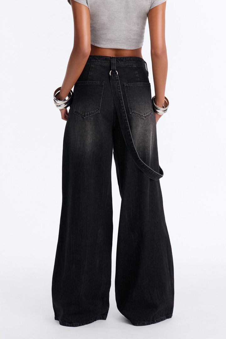 Strapped In Utility Wide Leg Jeans - Black Wash