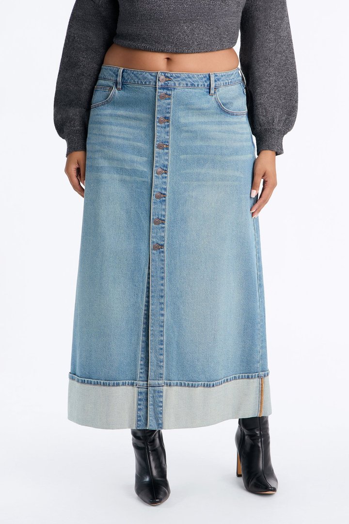 Loulou Mid Rise Denim Cuffed Hem Ankle Maxi Skirt - Vintage Wash