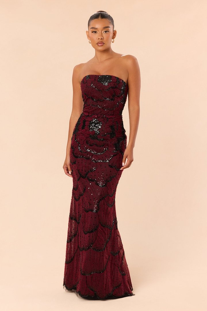 Rylee Embellished Gown - Burgundy/combo