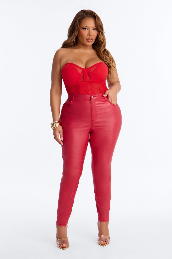 Breaking Hearts Coated Skinny Jeans - Red