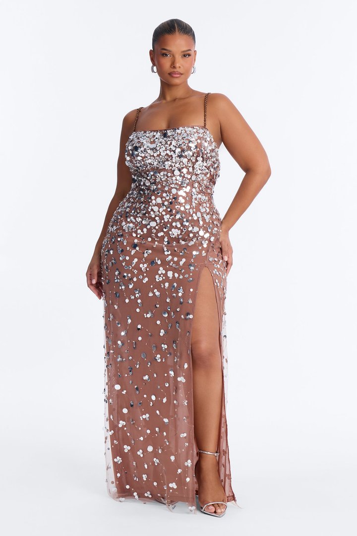 Sparkle Mesh Sequin Maxi Dress - Nude/combo