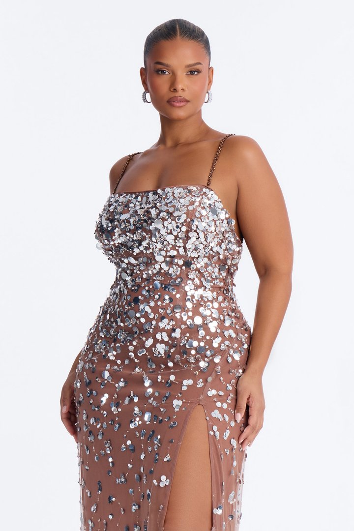 Sparkle Mesh Sequin Maxi Dress - Nude/combo