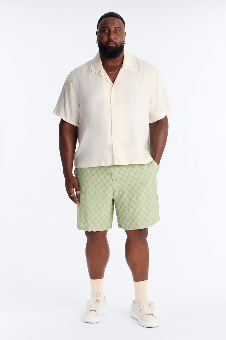 Hazy Textured Checkered Relaxed Short - Sage