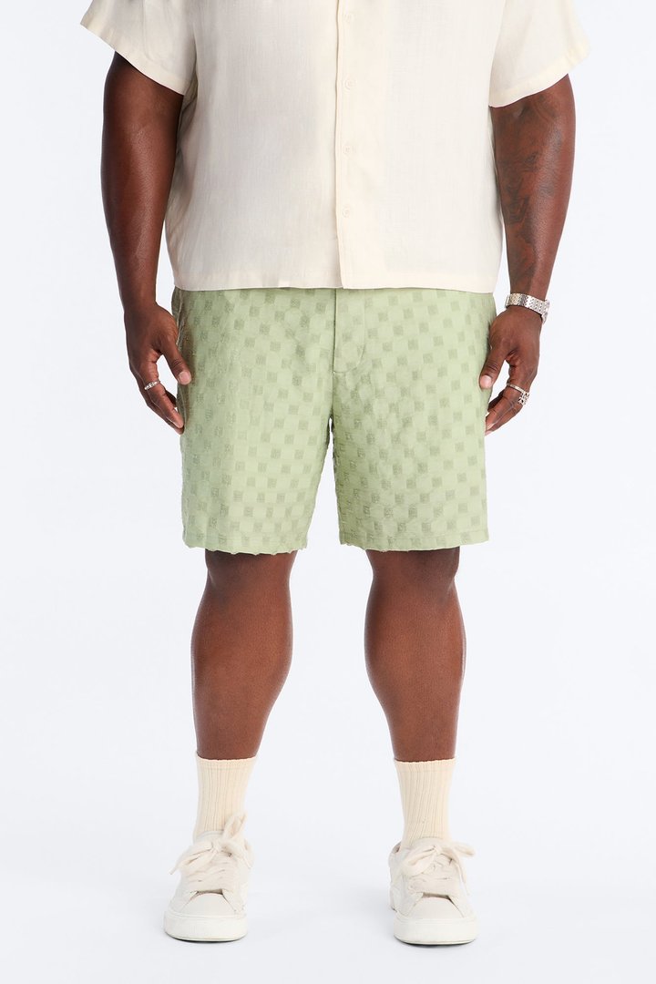 Hazy Textured Checkered Relaxed Short - Sage