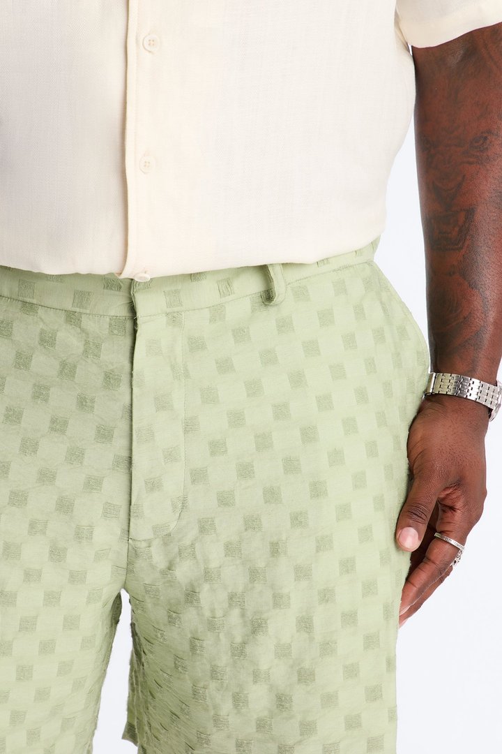 Hazy Textured Checkered Relaxed Short - Sage