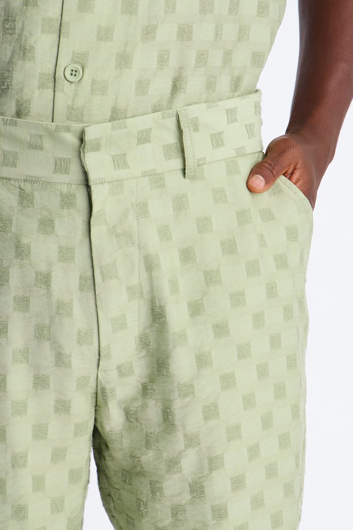 Hazy Textured Checkered Relaxed Short - Sage