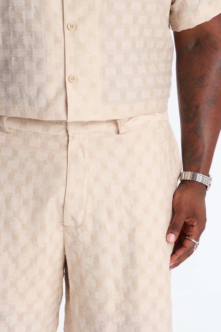 Hazy Textured Checkered Relaxed Short - Taupe