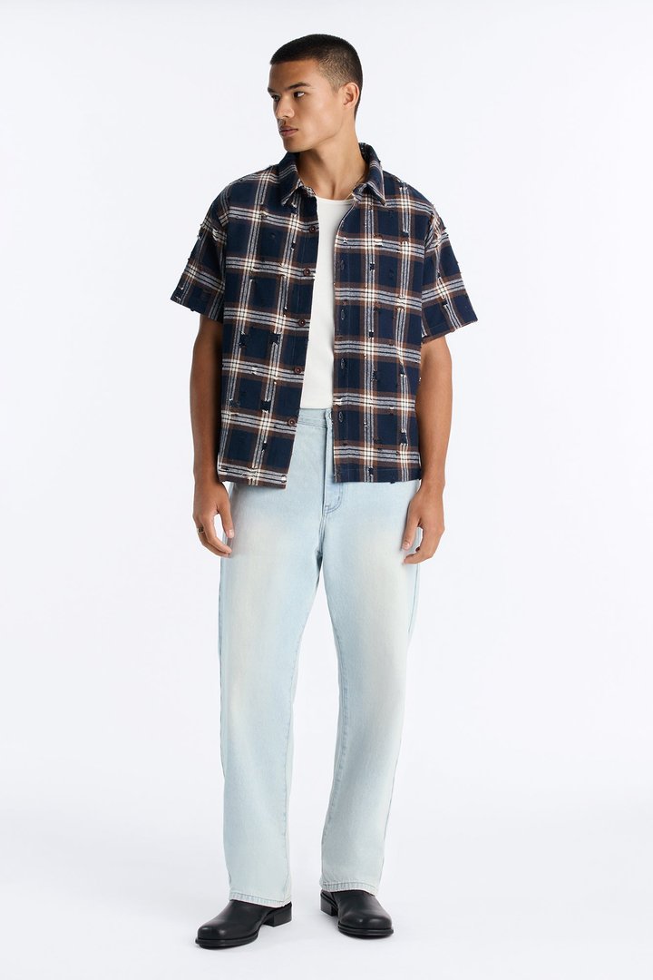 Plaid Washed Flannel Button Up Shirt - Brown/combo