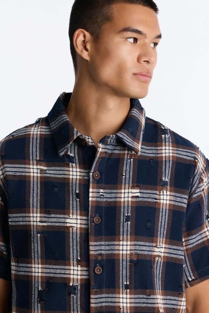 Plaid Washed Flannel Button Up Shirt - Brown/combo