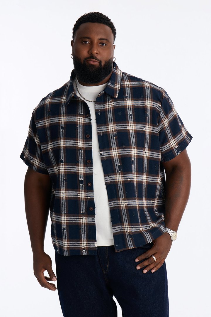 Plaid Washed Flannel Button Up Shirt - Brown/combo
