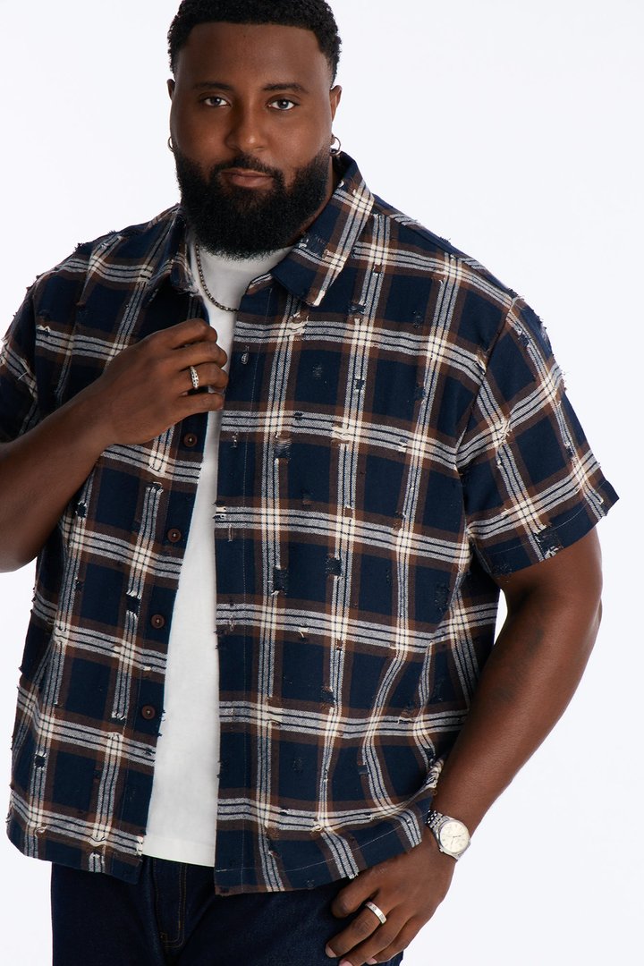 Plaid Washed Flannel Button Up Shirt - Brown/combo