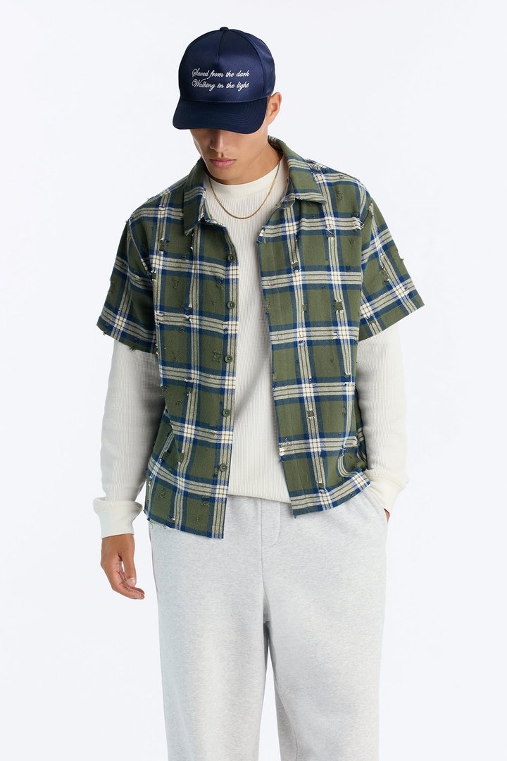 Plaid Washed Flannel Button Up Shirt - Green/combo