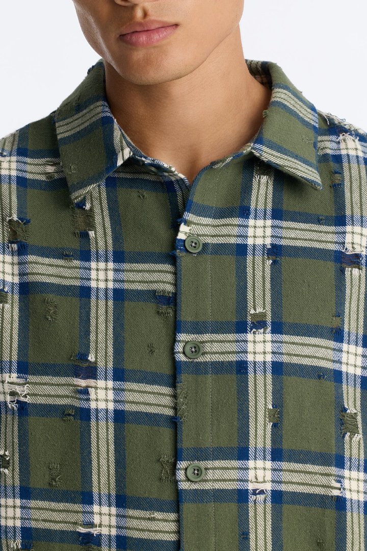Plaid Washed Flannel Button Up Shirt - Green/combo