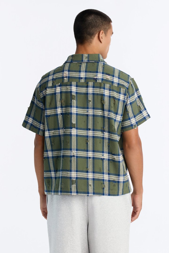 Plaid Washed Flannel Button Up Shirt - Green/combo