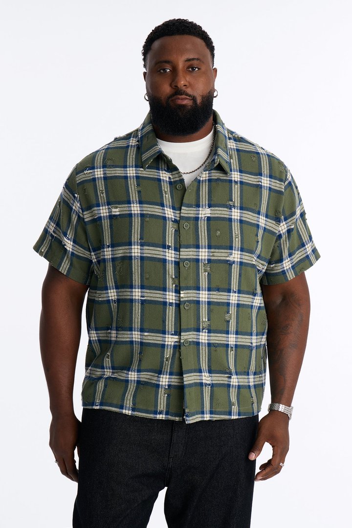 Plaid Washed Flannel Button Up Shirt - Green/combo
