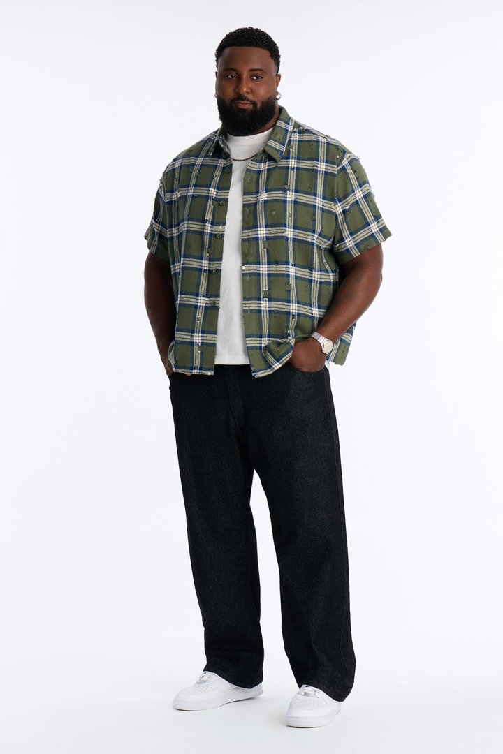 Plaid Washed Flannel Button Up Shirt - Green/combo