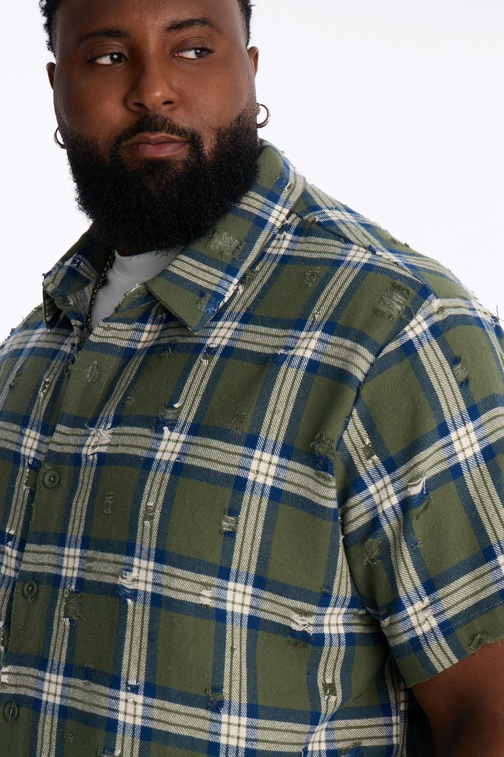 Plaid Washed Flannel Button Up Shirt - Green/combo