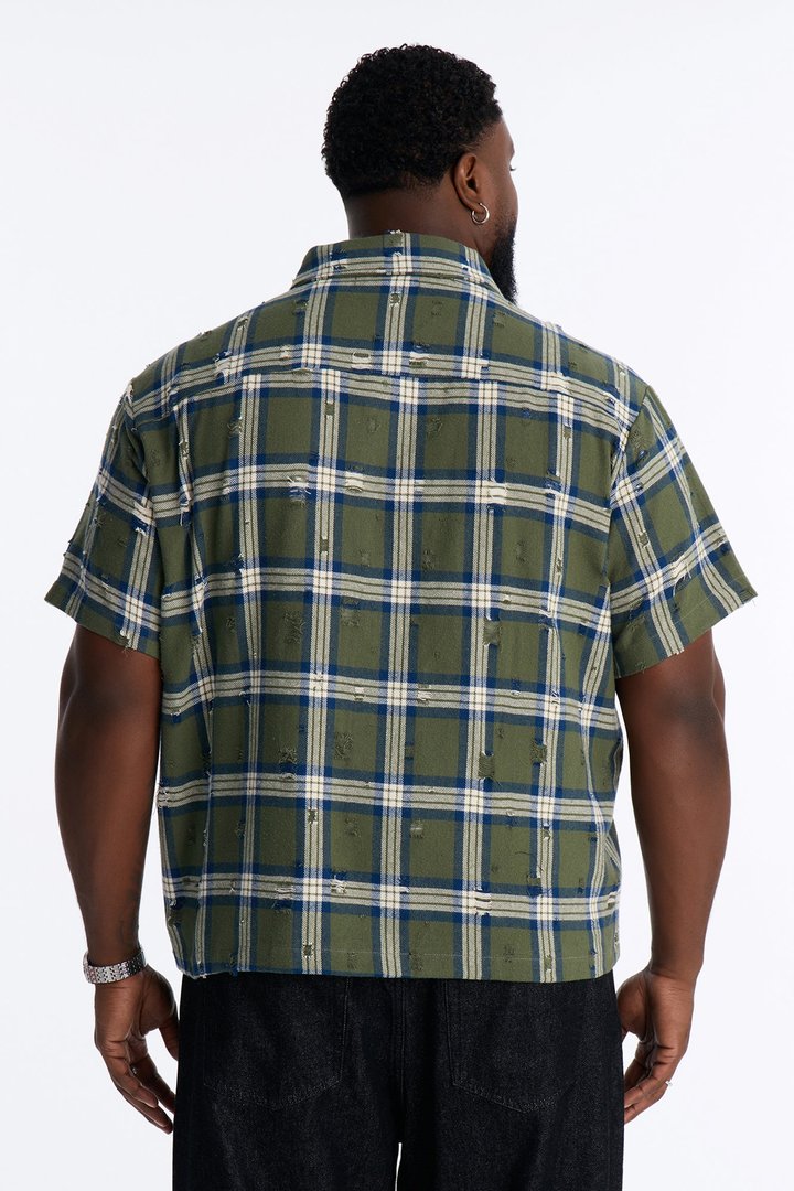 Plaid Washed Flannel Button Up Shirt - Green/combo