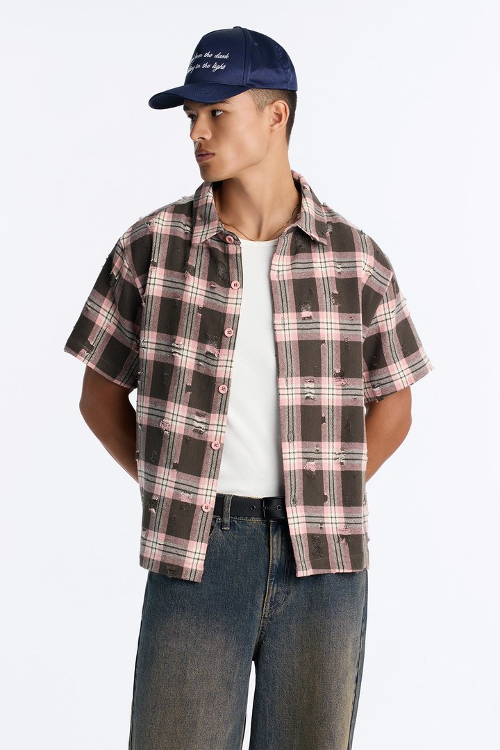 Plaid Washed Flannel Button Up Shirt - Pink/combo